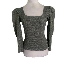 Nation LTD Womens XS Gray White Speckle Smocked Square Neck Long Puff Sleeve Top